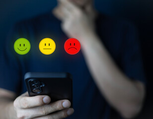 Men give rating to service experience on online application, Customer review satisfaction feedback survey concept, Customer can evaluate quality of service leading to reputation ranking of business