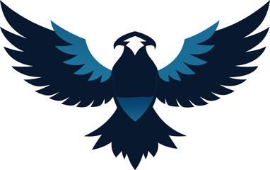 Stylized dark blue bird with wings spread on red background