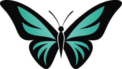 Graphic butterfly with turquoise and black wings on a light blue background