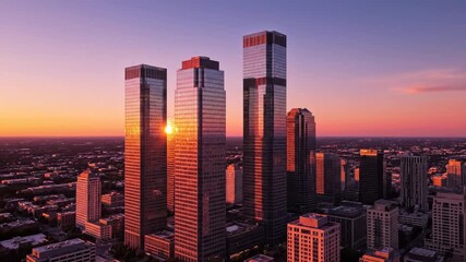 Aerial view of modern skyscrapers reflecting sunset light as camera moves slowly across urban skyline with changing sky colors and building silhouettes - Powered by Adobe