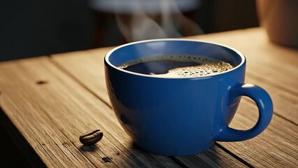 Aromatic Coffee Moments: Steam rises from a steaming blue mug filled with rich, dark coffee, sitting on a weathered wooden table with a single coffee bean.