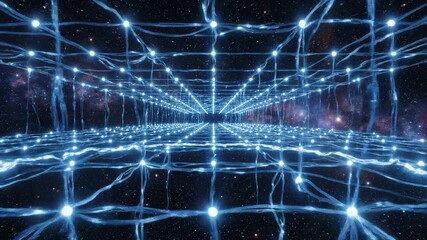 Digital network grid glowing nodes space futuristic technology interconnected cosmic background neural network concept bright blue light connections stars creating depth infinity - Powered by Adobe