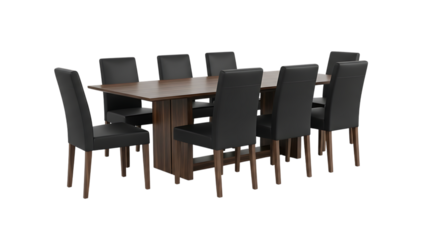 Modern dining table, with eight black leather chairs and wooden legs, isolated on transparent background. PNG