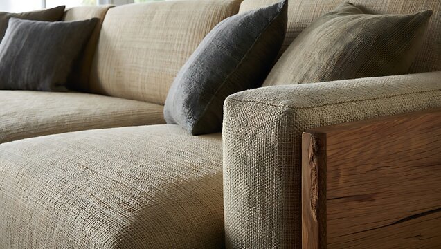 Comfortable sectional sofa with linen upholstery and wooden accents furniture