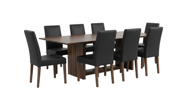 Modern dining table, with eight black leather chairs and wooden legs, isolated on transparent background. PNG
