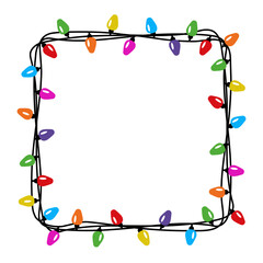 Decorative square shaped frame with Christmas lights with empty space. Vector design of light bulb garland. Winter holiday element for greeting cards, invitations, banners, posters © LanaLana