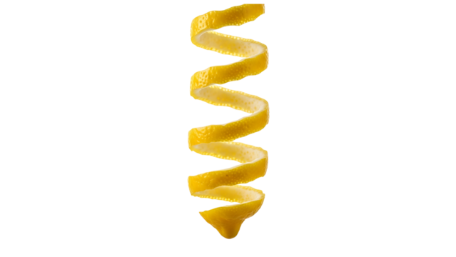 A single, perfectly coiled yellow lemon zest spiral isolated on transparent background for garnish or flavor