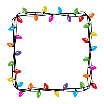 Decorative square shaped frame with Christmas lights with empty space. Vector design of light bulb garland. Winter holiday element for greeting cards, invitations, banners, posters