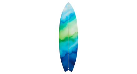 Surfboard, with abstract watercolor design in shades of blue green and white, isolated on transparent background. PNG