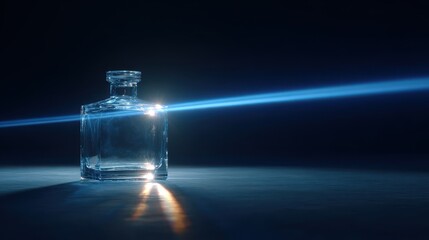 Luminous Refraction - A Crystalline Glass Bottle Pierced by a Dramatic Blue Anamorphic Flare.