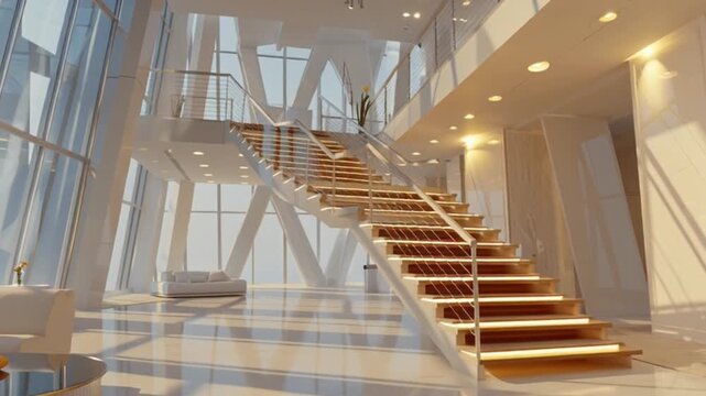 Cinematic Camera Walkthrough of an Ultra Modern Open Space Featuring Soaring High Ceilings, Sleek Minimalist Design, Futuristic Architecture and Immersive Luxury Interior Atmosphere Experience HD