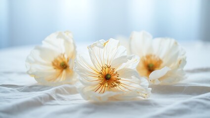 Obraz premium Delicate white poppies on a soft white fabric background with light