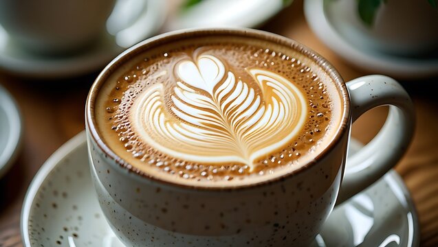 Delicious cappuccino with latte art on the table for breakfast time