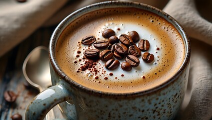 Delicious cappuccino with roasted coffee beans on a rustic wooden table