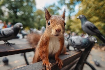 A close-up view of a squirrel looking at the camera with pigeons in the background, urban wildlife scene