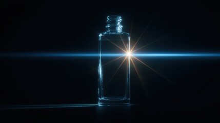 Illuminated Glass Bottle with Lens Flare, Dark Background, Artistic Composition.