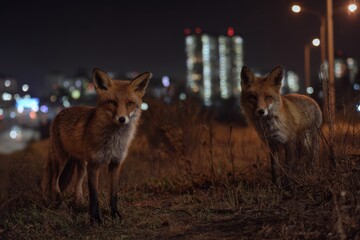 Obraz premium Two foxes standing in front of a city at night, urban wildlife scene
