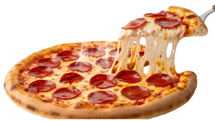 Delicious pepperoni pizza slice being lifted showing long melted cheese stretch isolated on transparent background