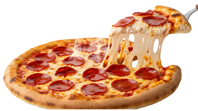 Delicious pepperoni pizza slice being lifted showing long melted cheese stretch isolated on transparent background
