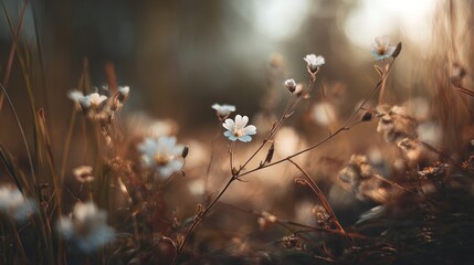 Elegant meadow with small white flowers bathed in soft, golden light