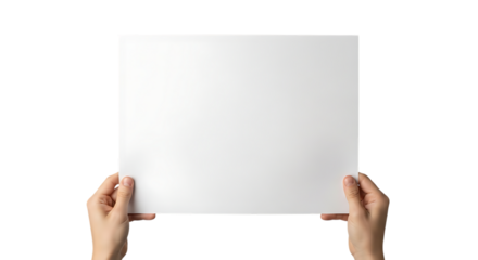 Two hands, holding a blank white sheet of paper horizontally, isolated on transparent background. PNG