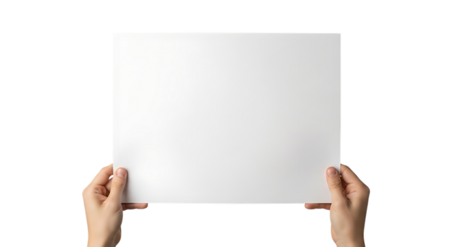 Two hands, holding a blank white sheet of paper horizontally, isolated on transparent background. PNG