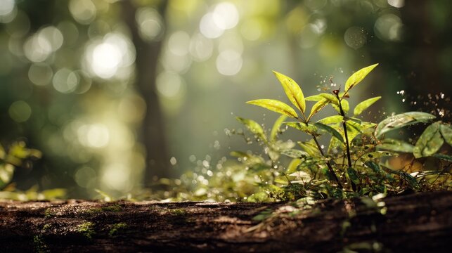 Whispers of life: Young plants bathed in sunlight within a serene forest