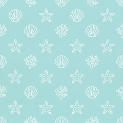 Seamless marine pattern with white seashells starfish and coral on turquoise background