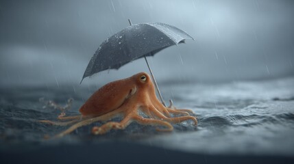Octopus Holds Umbrella During Rain in Surreal Ocean Scene With Soft Sky Backdrop