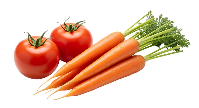 Two ripe red tomatoes and a bunch of fresh carrots, with green leafy tops, isolated on transparent background. PNG