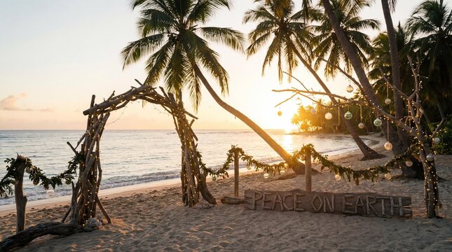 Tropical beach Christmas setup with rustic arch and peace on earth sign