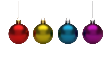 Four colorful christmas tree ornaments hanging in a row isolated on transparent background
