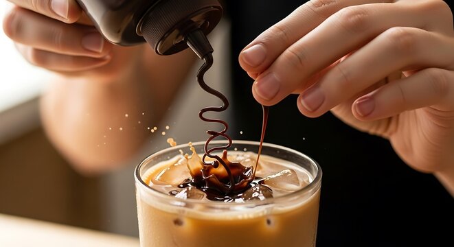 Iced latte delight with chocolate syrup for a rich flavor experience - Powered by Adobe