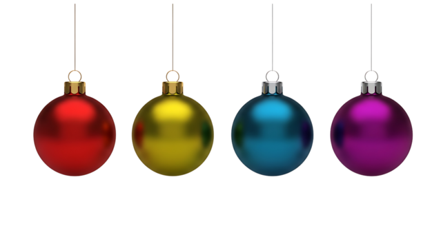 Four colorful christmas tree ornaments hanging in a row isolated on transparent background