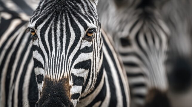 Intimate zebra portrait showcasing intricate stripe patterns and expressive eyes