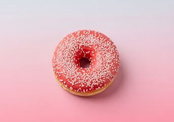 Strawberry frosted donut with sprinkles on a pink and blue background