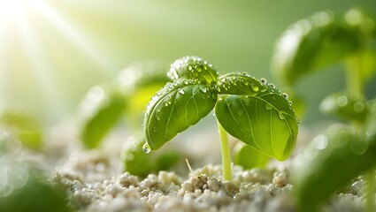 Fresh Basil Growing with Water Droplets Symbolizing New Beginnings and Growth