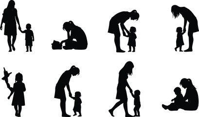 Mother and child, parenting moment, family bonding, nurturing care, black silhouette, emotional connection, cad drawing flat vector illustration