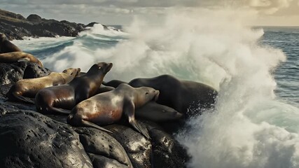 Cinematic Footage Sea Lions Rest On Jagged Rocks Splashing Ocean Waves