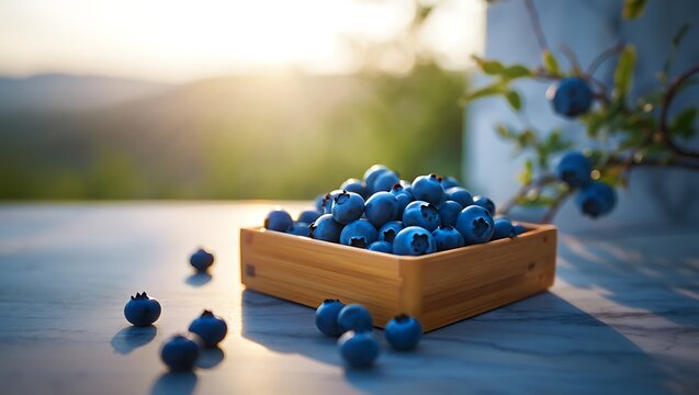 Fresh blueberries in wooden container with sunny background for healthy eating