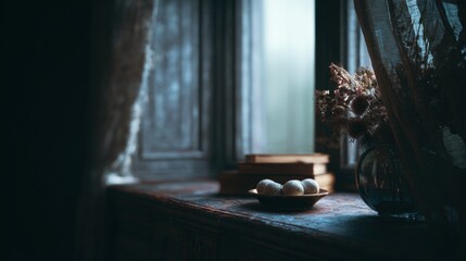 Quiet moment by the window with books, sweets, and floral arrangement