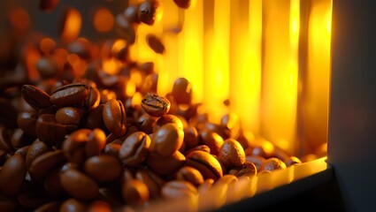 Freshly roasted coffee beans cascading into a machine with warm light