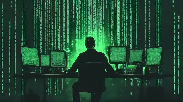 Mysterious Figure at Computer A Hacker in a Matrix-Inspired Environment