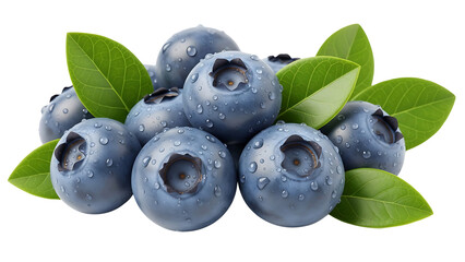 Fresh ripe blueberries with water droplets and green leaves isolated on transparent background