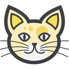 Stylized Cat Face Portrait with Yellow Accents and Whiskers on Transparent Background Simple Graphic Design Element