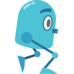 Turquoise Robot Character with Blue Accents and Large Eyes in a Dynamic Pose on a Transparent Background