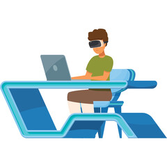 Young Person Wearing VR Headset Engaged in Virtual Reality Experience While Using Laptop at Futuristic Desk