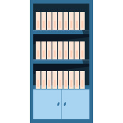 Tall blue wooden bookcase filled with rows of light colored books on shelves with two lower cabinet doors and two handles isolated on a white background