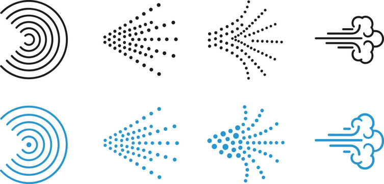 Wireless Signal, Spray Mist, and Wind Icon Vector Set, Wi-Fi, Water, Airflow, Broadcast, and Atomizer Symbols, Black and Blue Outline Graphics for Interface Design.