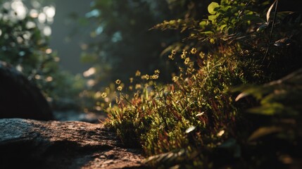 Sunlit meadow scene, illuminated with soft light among vibrant green foliage